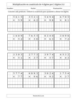 Multiplicación con apoyo de cuadrícula de 4 dígitos por 2 dígitos