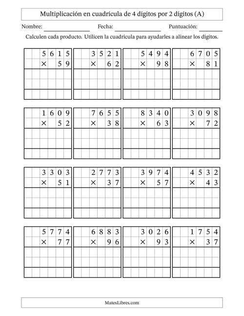 La hoja de ejercicios de Multiplicación en Cuadrícula, Cuatro Dígitos por Dos Dígitos (A)