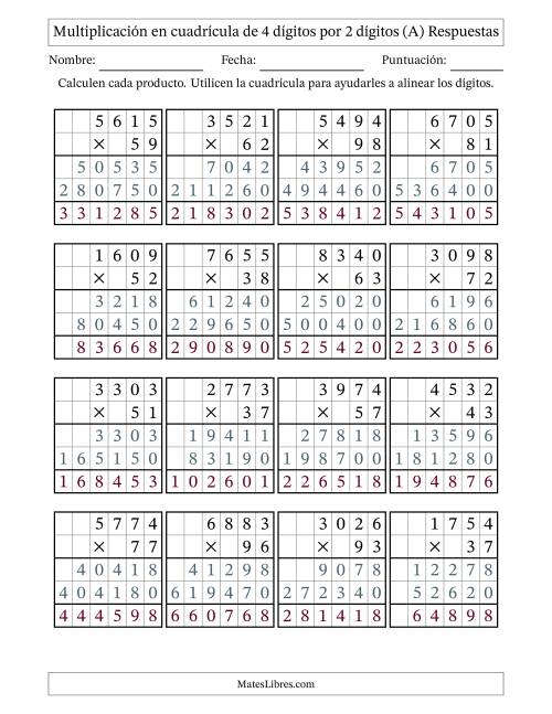La hoja de ejercicios de Multiplicación con apoyo de cuadrícula de 4 dígitos por 2 dígitos (A) Página 2