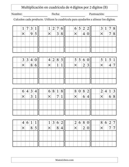 La hoja de ejercicios de Multiplicación con apoyo de cuadrícula de 4 dígitos por 2 dígitos (B)