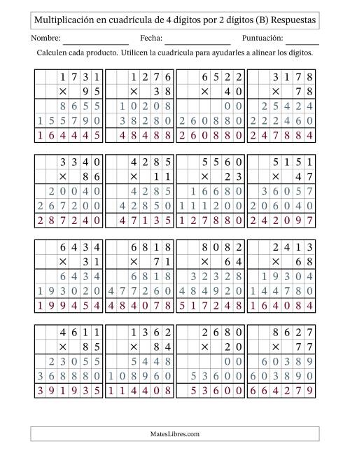 La hoja de ejercicios de Multiplicación con apoyo de cuadrícula de 4 dígitos por 2 dígitos (B) Página 2