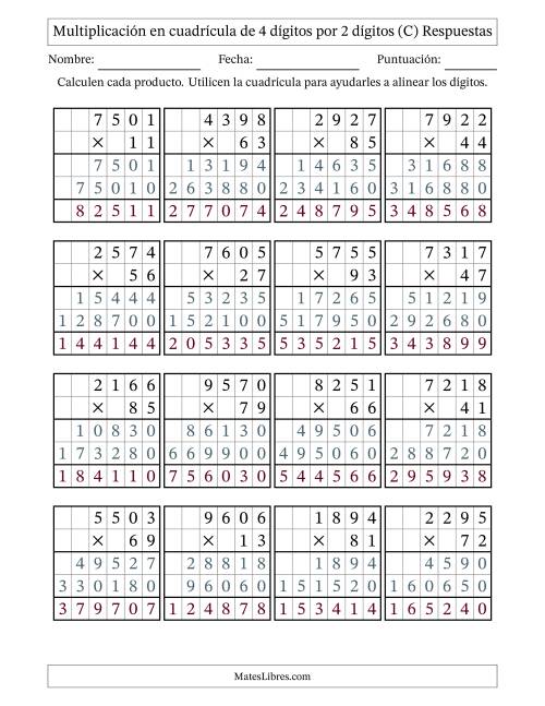 La hoja de ejercicios de Multiplicación con apoyo de cuadrícula de 4 dígitos por 2 dígitos (C) Página 2