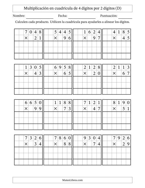 La hoja de ejercicios de Multiplicación con apoyo de cuadrícula de 4 dígitos por 2 dígitos (D)