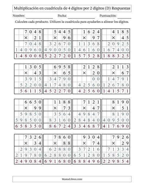 La hoja de ejercicios de Multiplicación con apoyo de cuadrícula de 4 dígitos por 2 dígitos (D) Página 2