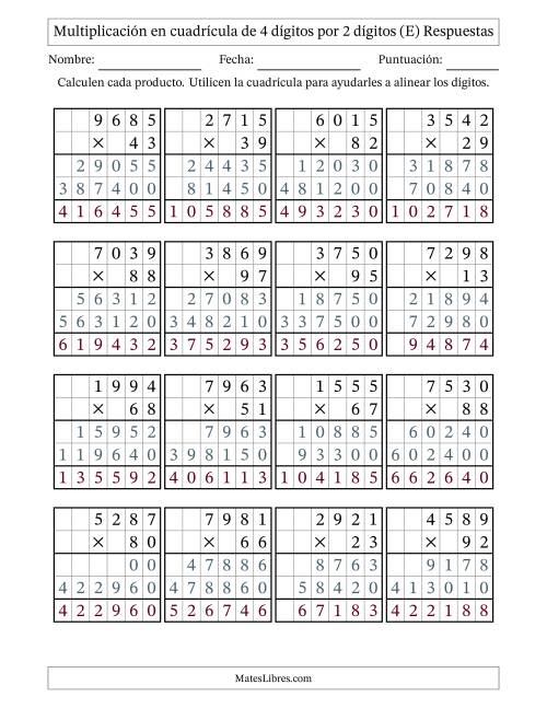 La hoja de ejercicios de Multiplicación con apoyo de cuadrícula de 4 dígitos por 2 dígitos (E) Página 2