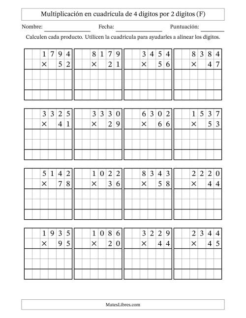 La hoja de ejercicios de Multiplicación con apoyo de cuadrícula de 4 dígitos por 2 dígitos (F)