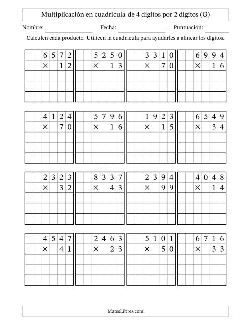 La hoja de ejercicios de Multiplicación en Cuadrícula, Cuatro Dígitos por Dos Dígitos (G)