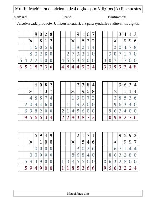 La hoja de ejercicios de Multiplicación con apoyo de cuadrícula de 4 dígitos por 3 dígitos (A) Página 2
