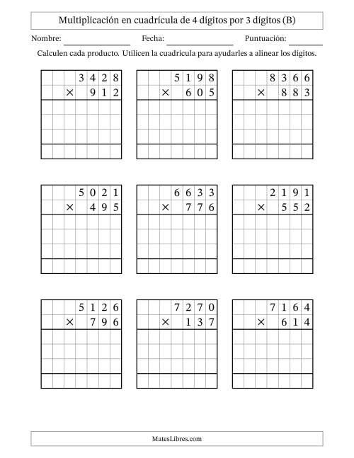 La hoja de ejercicios de Multiplicación con apoyo de cuadrícula de 4 dígitos por 3 dígitos (B)