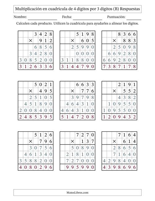 La hoja de ejercicios de Multiplicación con apoyo de cuadrícula de 4 dígitos por 3 dígitos (B) Página 2