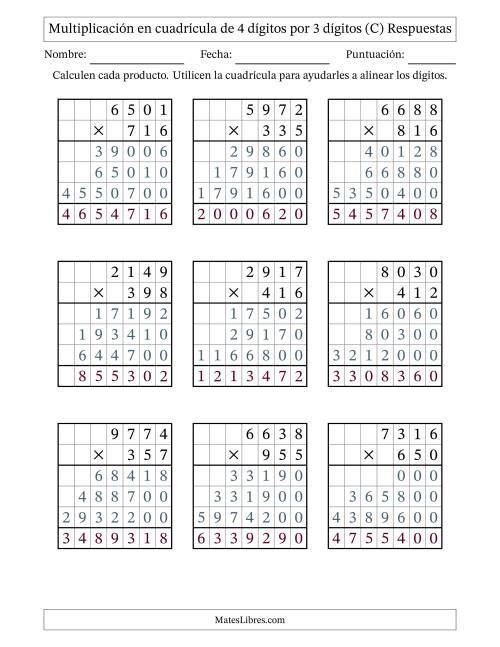 La hoja de ejercicios de Multiplicación con apoyo de cuadrícula de 4 dígitos por 3 dígitos (C) Página 2