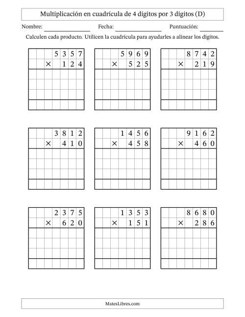 La hoja de ejercicios de Multiplicación con apoyo de cuadrícula de 4 dígitos por 3 dígitos (D)