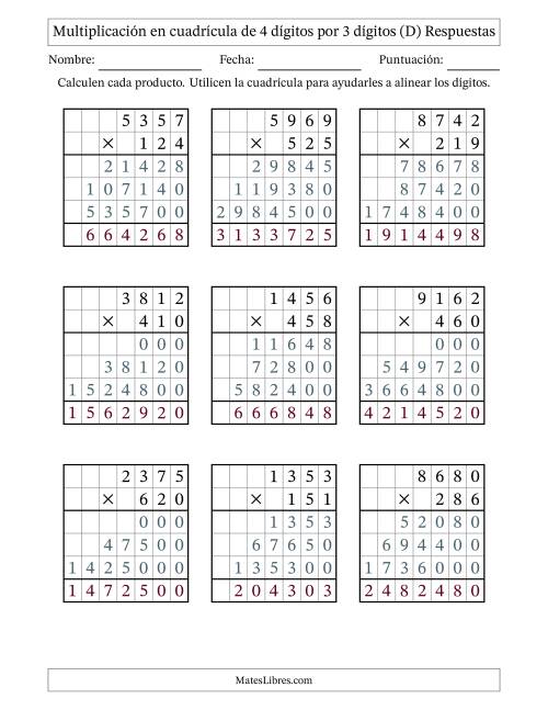La hoja de ejercicios de Multiplicación con apoyo de cuadrícula de 4 dígitos por 3 dígitos (D) Página 2