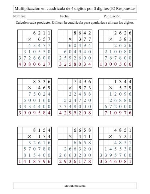 La hoja de ejercicios de Multiplicación con apoyo de cuadrícula de 4 dígitos por 3 dígitos (E) Página 2