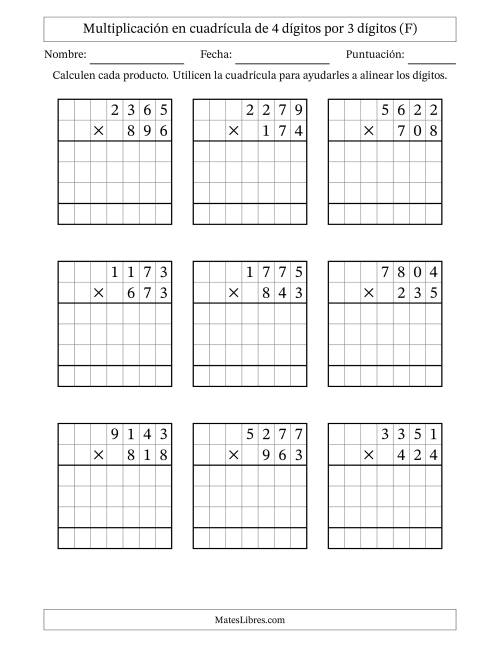 La hoja de ejercicios de Multiplicación con apoyo de cuadrícula de 4 dígitos por 3 dígitos (F)