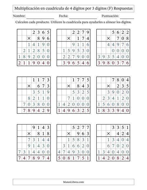 La hoja de ejercicios de Multiplicación con apoyo de cuadrícula de 4 dígitos por 3 dígitos (F) Página 2