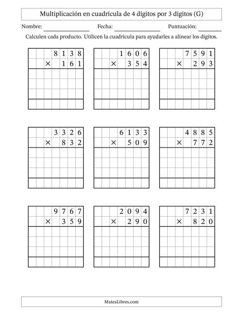 La hoja de ejercicios de Multiplicación con apoyo de cuadrícula de 4 dígitos por 3 dígitos (G)