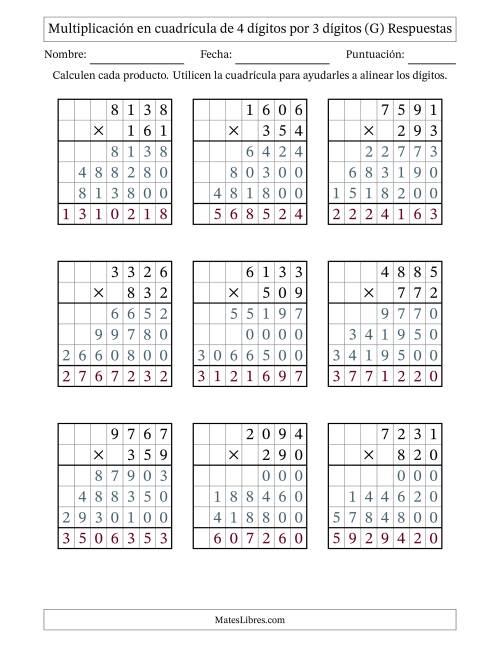 La hoja de ejercicios de Multiplicación con apoyo de cuadrícula de 4 dígitos por 3 dígitos (G) Página 2
