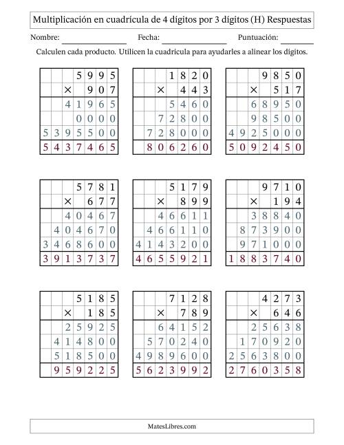La hoja de ejercicios de Multiplicación con apoyo de cuadrícula de 4 dígitos por 3 dígitos (H) Página 2