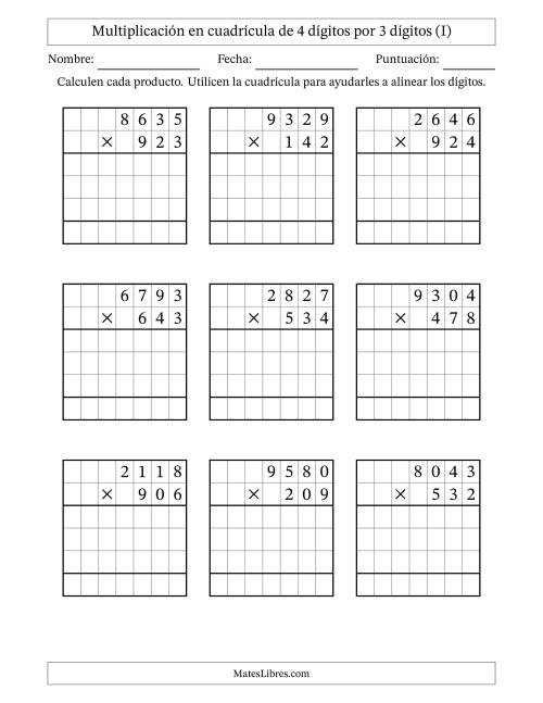 La hoja de ejercicios de Multiplicación con apoyo de cuadrícula de 4 dígitos por 3 dígitos (I)