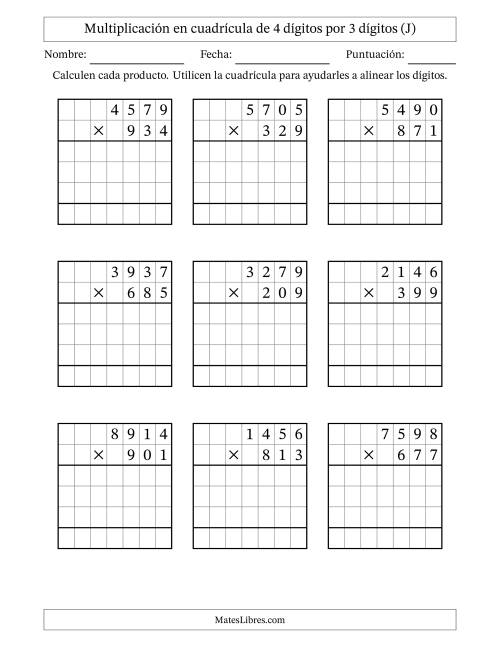 La hoja de ejercicios de Multiplicación con apoyo de cuadrícula de 4 dígitos por 3 dígitos (J)