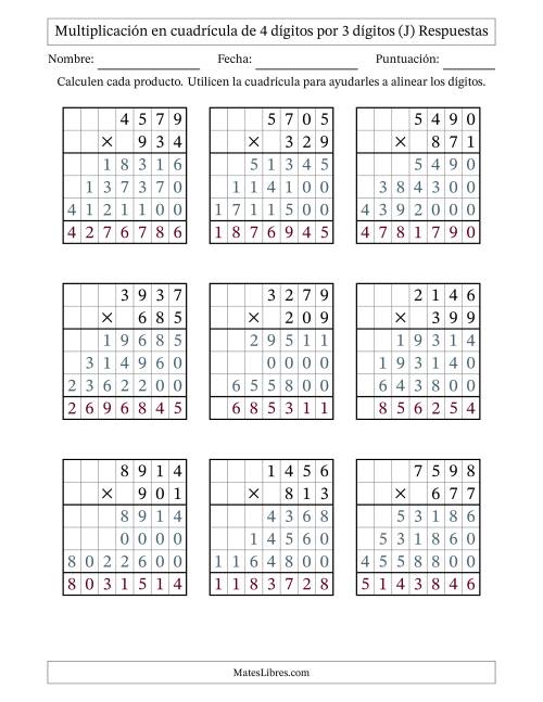 La hoja de ejercicios de Multiplicación con apoyo de cuadrícula de 4 dígitos por 3 dígitos (J) Página 2