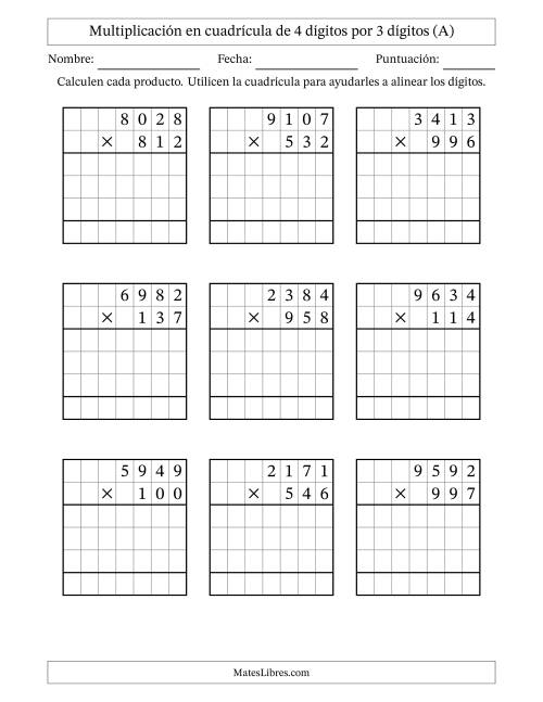 La hoja de ejercicios de Multiplicación con apoyo de cuadrícula de 4 dígitos por 3 dígitos (Todas)
