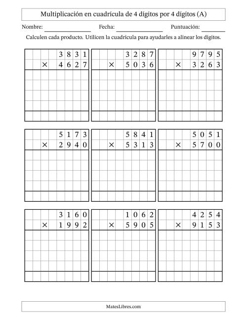 La hoja de ejercicios de Multiplicación con apoyo de cuadrícula de 4 dígitos por 4 dígitos (A)