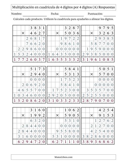 La hoja de ejercicios de Multiplicación con apoyo de cuadrícula de 4 dígitos por 4 dígitos (A) Página 2