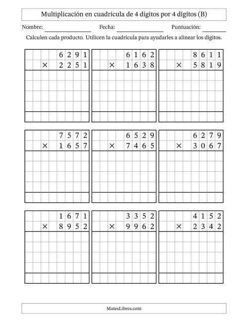 La hoja de ejercicios de Multiplicación con apoyo de cuadrícula de 4 dígitos por 4 dígitos (B)