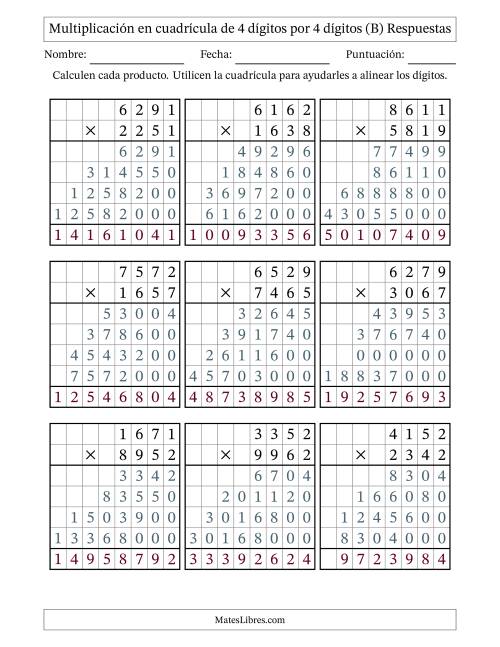 La hoja de ejercicios de Multiplicación con apoyo de cuadrícula de 4 dígitos por 4 dígitos (B) Página 2