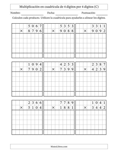 La hoja de ejercicios de Multiplicación con apoyo de cuadrícula de 4 dígitos por 4 dígitos (C)