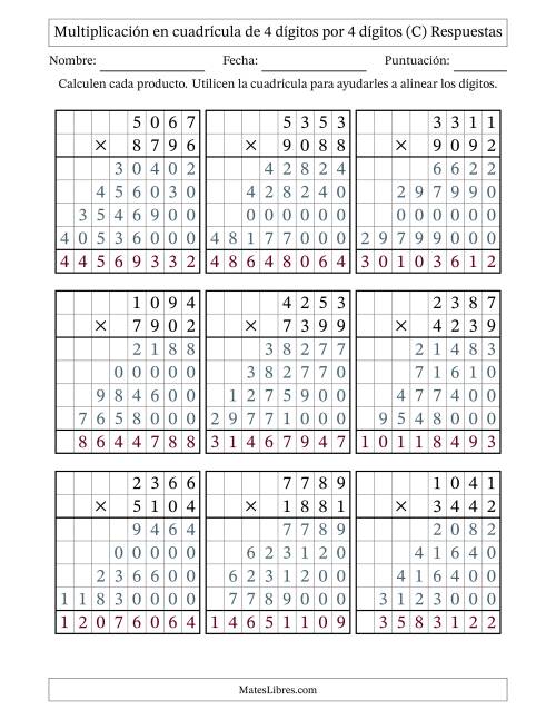 La hoja de ejercicios de Multiplicación con apoyo de cuadrícula de 4 dígitos por 4 dígitos (C) Página 2