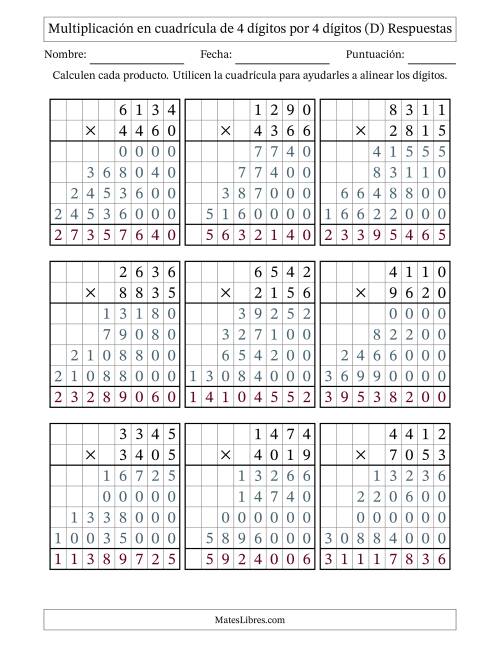 La hoja de ejercicios de Multiplicación con apoyo de cuadrícula de 4 dígitos por 4 dígitos (D) Página 2