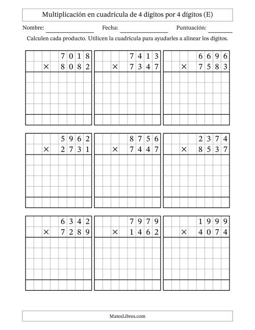 La hoja de ejercicios de Multiplicación con apoyo de cuadrícula de 4 dígitos por 4 dígitos (E)