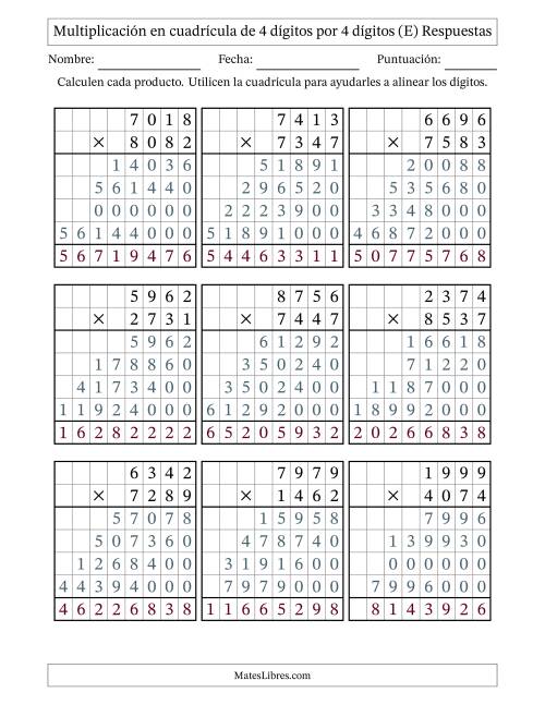 La hoja de ejercicios de Multiplicación con apoyo de cuadrícula de 4 dígitos por 4 dígitos (E) Página 2