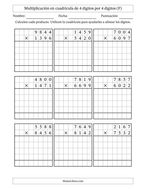 La hoja de ejercicios de Multiplicación con apoyo de cuadrícula de 4 dígitos por 4 dígitos (F)