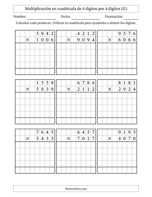 La hoja de ejercicios de Multiplicación con apoyo de cuadrícula de 4 dígitos por 4 dígitos (G)