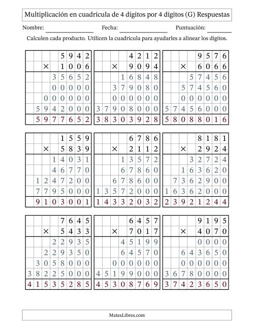 La hoja de ejercicios de Multiplicación con apoyo de cuadrícula de 4 dígitos por 4 dígitos (G) Página 2