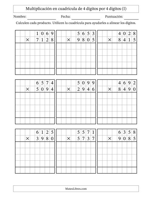 La hoja de ejercicios de Multiplicación con apoyo de cuadrícula de 4 dígitos por 4 dígitos (I)