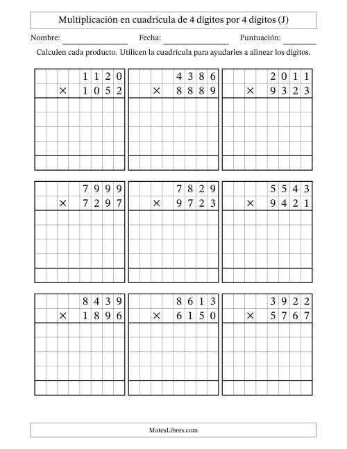 La hoja de ejercicios de Multiplicación con apoyo de cuadrícula de 4 dígitos por 4 dígitos (J)
