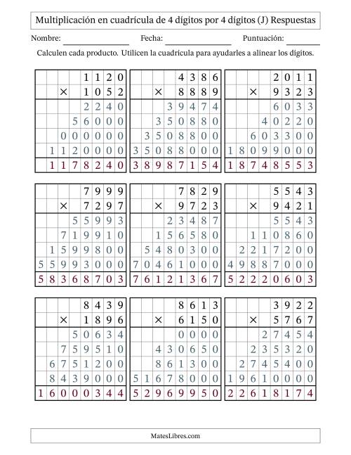 La hoja de ejercicios de Multiplicación con apoyo de cuadrícula de 4 dígitos por 4 dígitos (J) Página 2