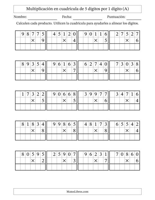 La hoja de ejercicios de Multiplicación con apoyo de cuadrícula de 5 dígitos por 1 dígito (A)