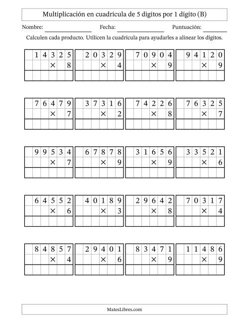 La hoja de ejercicios de Multiplicación con apoyo de cuadrícula de 5 dígitos por 1 dígito (B)