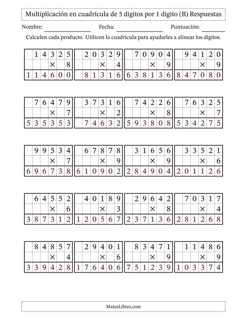 La hoja de ejercicios de Multiplicación con apoyo de cuadrícula de 5 dígitos por 1 dígito (B) Página 2
