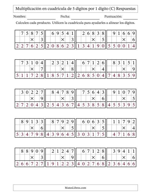 La hoja de ejercicios de Multiplicación con apoyo de cuadrícula de 5 dígitos por 1 dígito (C) Página 2