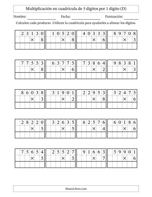 La hoja de ejercicios de Multiplicación con apoyo de cuadrícula de 5 dígitos por 1 dígito (D)