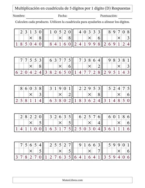 La hoja de ejercicios de Multiplicación con apoyo de cuadrícula de 5 dígitos por 1 dígito (D) Página 2