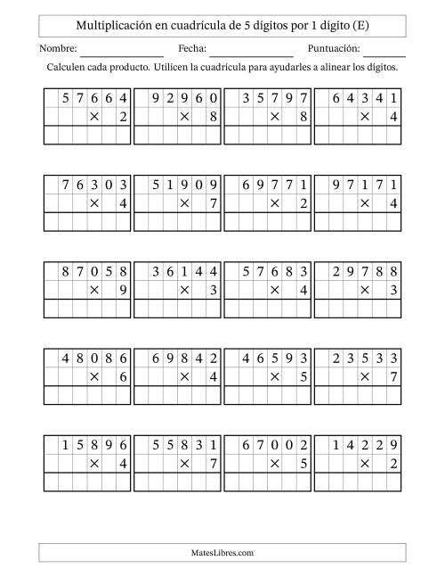 La hoja de ejercicios de Multiplicación con apoyo de cuadrícula de 5 dígitos por 1 dígito (E)