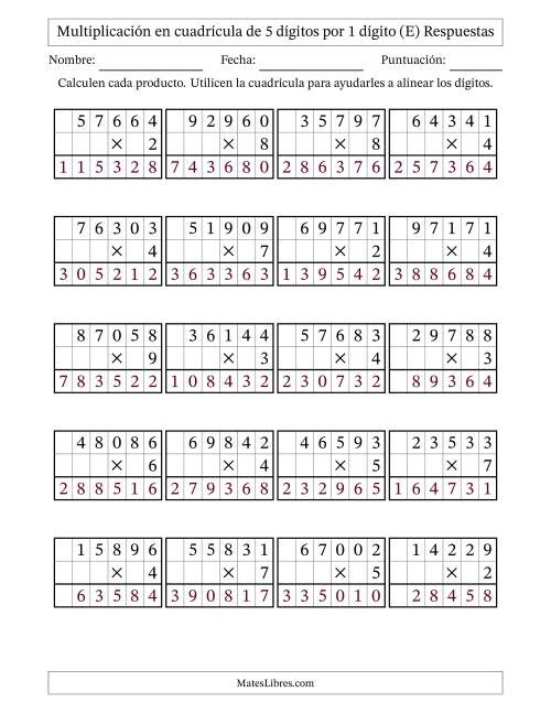 La hoja de ejercicios de Multiplicación con apoyo de cuadrícula de 5 dígitos por 1 dígito (E) Página 2